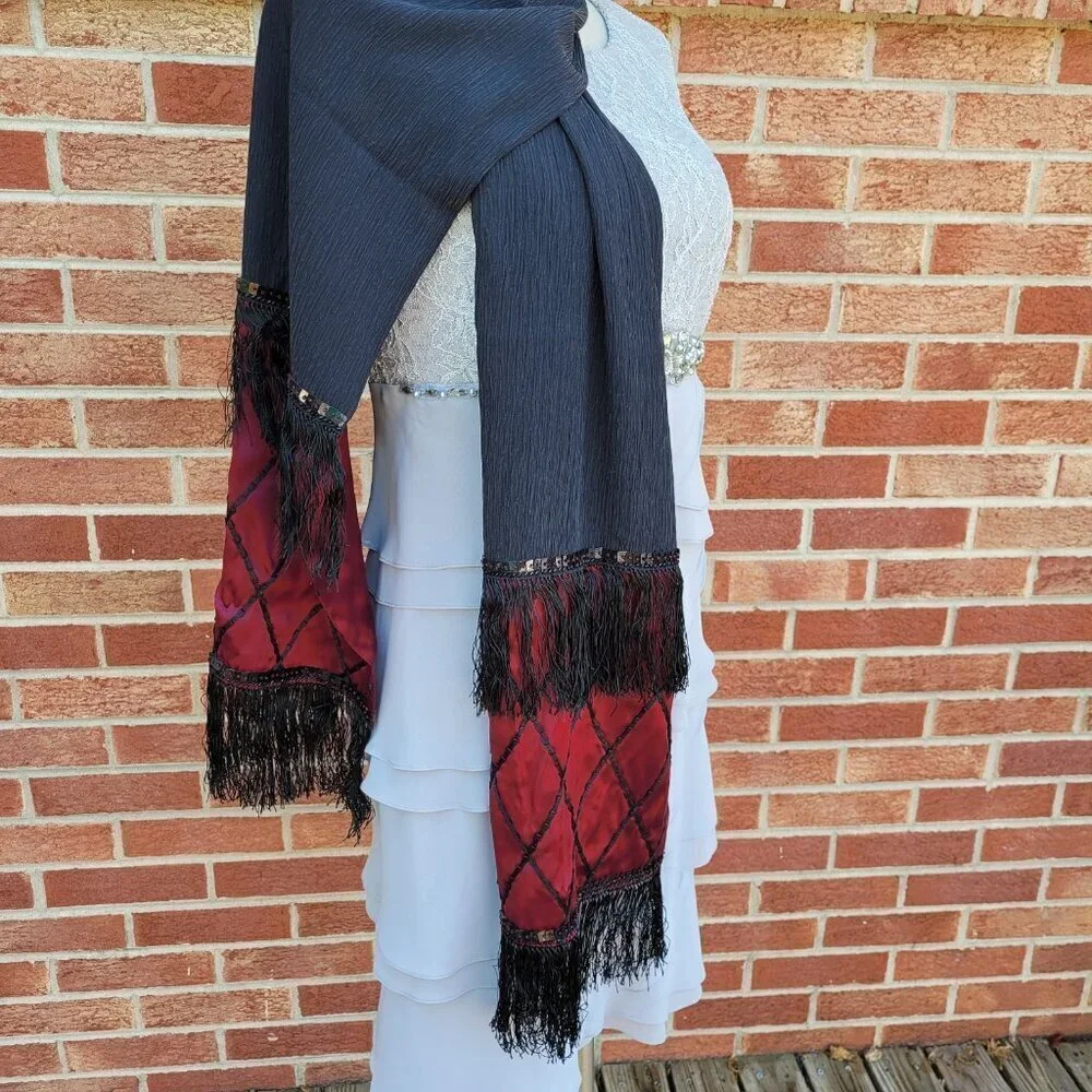 Chico's 100% Silk Wrap Scarf Elegant Beading and Tassels Black and Maroon